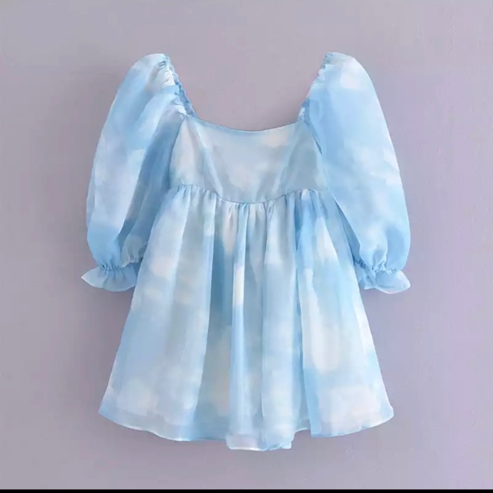 Light Blue Puff Sleeve Mini Dress